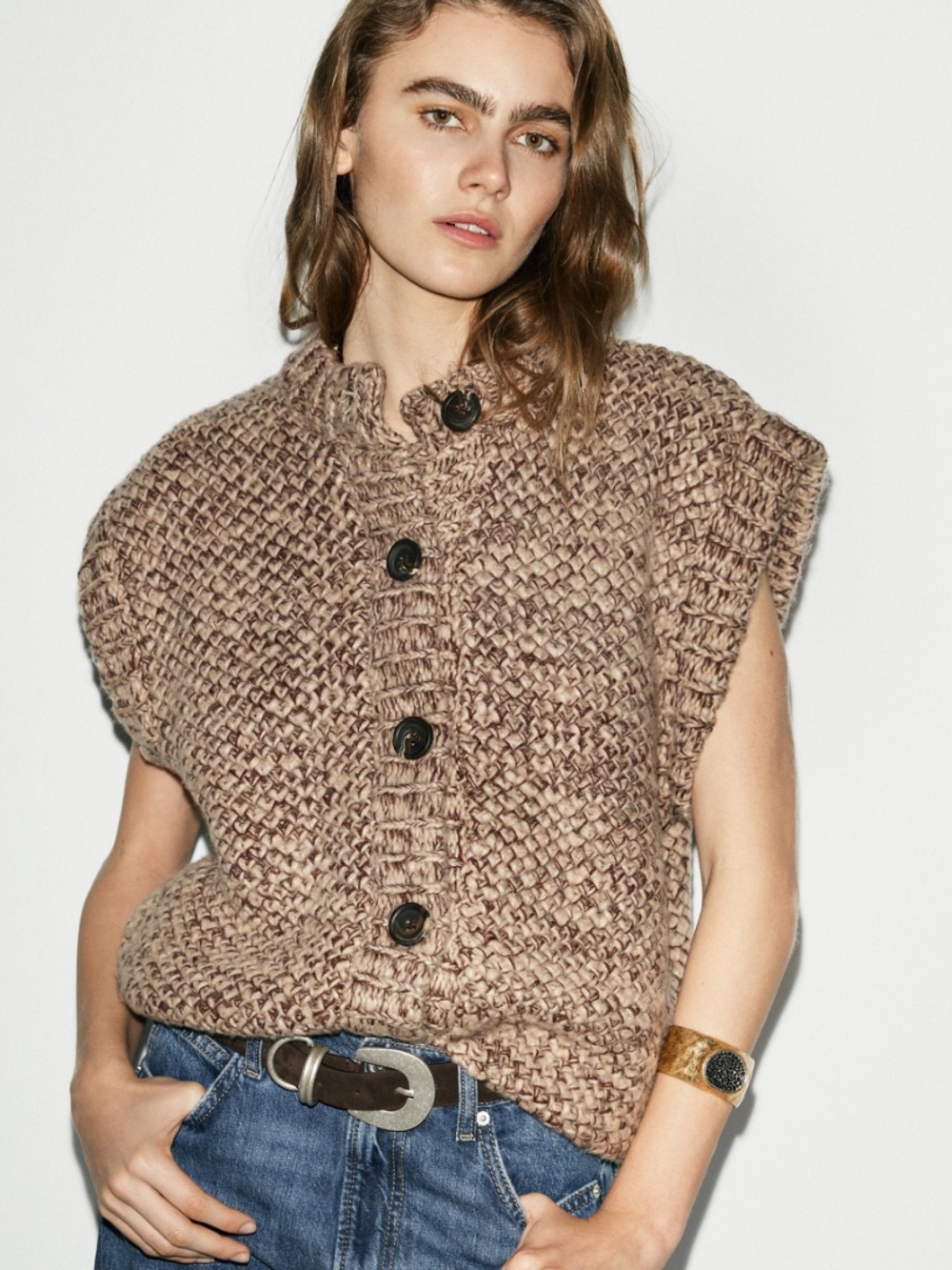Zara Chunky Marled Knit Button Front Vest Brown Neutral NWT 6771/143